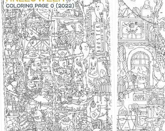 Könnte beinhalten: Eine schwarz-weiße Malvorlage mit dem Titel HALLOWEEN COLORING PAGE 0 (2022), die eine detaillierte Illustration eines mehrstöckigen Baumhauses mit Geistern, kleinen Kreaturen, Pflanzen und verschiedenen Objekten sowie FITS TO HALLOWEEN POSTER PAGE NO. 1 zeigt.