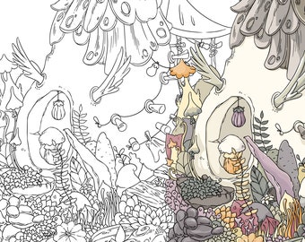 Autumn Garden Adult Coloring Page Cute Home Mushrooms Floral Doodle Digital Download pdf Printable Page from coloring book by Jen Katz