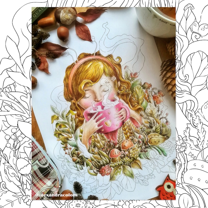 Autumn Coloring book adult coloring book by Jen Katz katzundtatz fall halloween mushrooms pumpkins kawaii colouring for kids and adults image 4