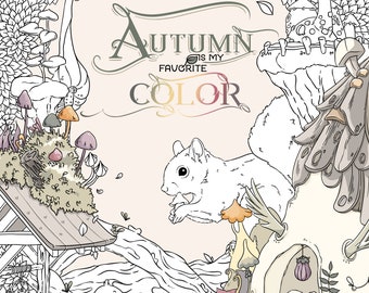 Autumn Coloring book adult coloring book by Jen Katz katzundtatz fall halloween mushrooms pumpkins kawaii colouring for kids and adults