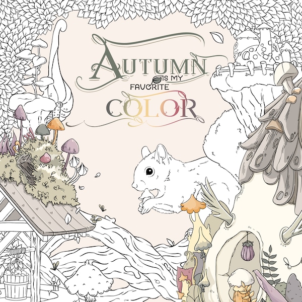 Autumn Coloring book adult coloring book by Jen Katz katzundtatz fall halloween mushrooms pumpkins kawaii colouring for kids and adults