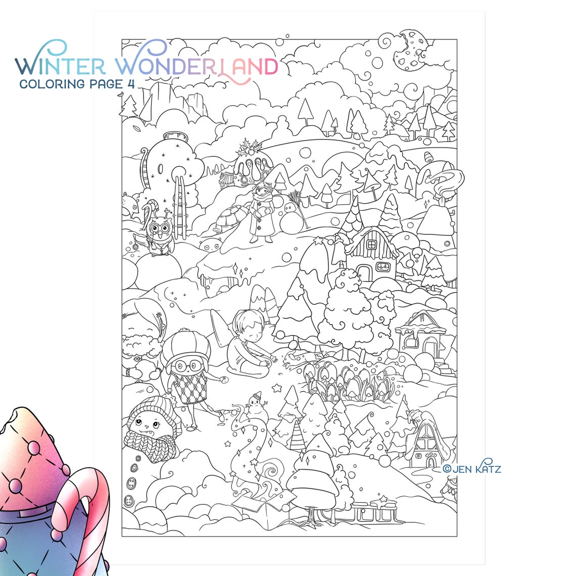 Winter Wonderland Adult Coloring Page - Cute Christmas Coloring / Santa ...