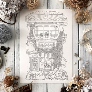 Romantische huis kleurplaat schattig huis meisje egel bloemen volwassen kleurplaat schattige doodle digitale download pdf afdrukbaar door Jen Katz