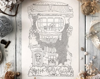 Romantic Home Coloring Page Cute Home Girl Hedgehog Flowers Adult Coloring Page Cute Doodle Digital Download pdf printable by Jen Katz