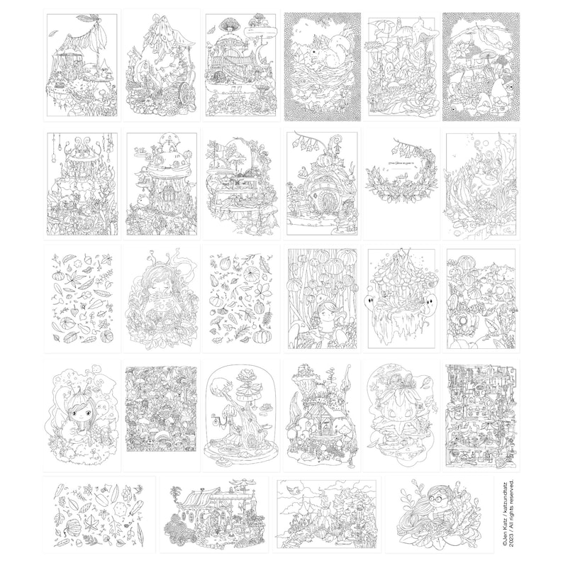 May include: A black and white coloring book with 20 different illustrations of whimsical houses, gardens, and creatures. Each page features intricate details and patterns for coloring.
