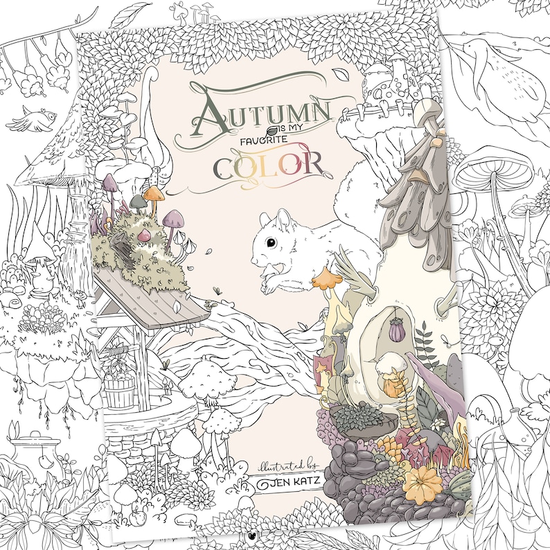 Autumn Coloring book adult coloring book by Jen Katz katzundtatz fall halloween mushrooms pumpkins kawaii colouring for kids and adults image 2