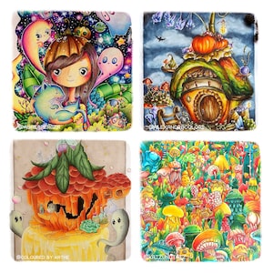 May include: Four colorful illustrations of whimsical houses with intricate details. The first image features a girl with a cat in a forest setting. The second image shows a house with a green roof and a brown door. The third image depicts a house with a pumpkin roof and a broken window. The fourth image is a close-up of a colorful mushroom forest.