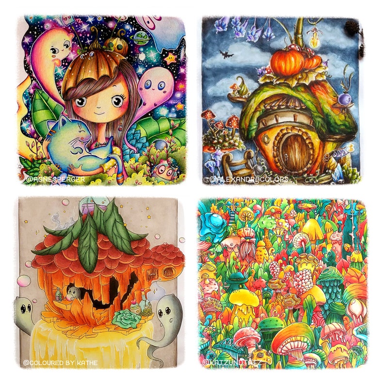 May include: Four colorful illustrations of whimsical houses with intricate details. The first image features a girl with a cat in a forest setting. The second image shows a house with a green roof and a brown door. The third image depicts a house with a pumpkin roof and a broken window. The fourth image is a close-up of a colorful mushroom forest.