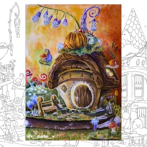May include: A watercolor painting of a whimsical mushroom house with a pumpkin on the roof, surrounded by flowers and greenery. The house has a small door and windows, and the roof is covered in leaves. The painting is signed "@v_daria_v" in the bottom right corner.