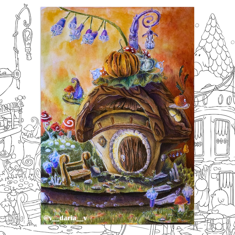 May include: A watercolor painting of a whimsical mushroom house with a pumpkin on the roof, surrounded by flowers and greenery. The house has a small door and windows, and the roof is covered in leaves. The painting is signed "@v_daria_v" in the bottom right corner.