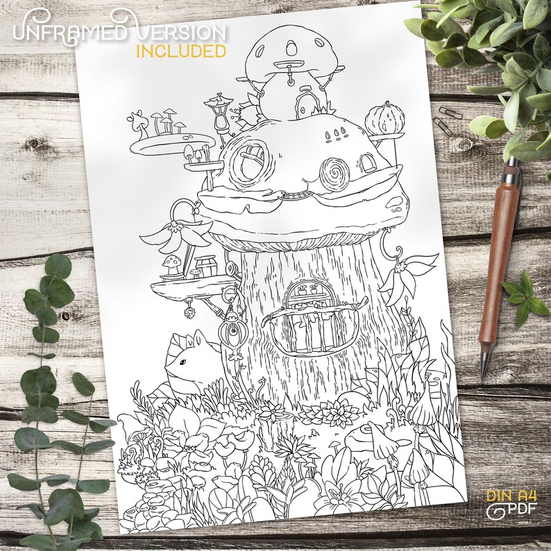 Download Mushroom Home Adult Coloring Page Autumn / Cute Fox Doodle | Etsy