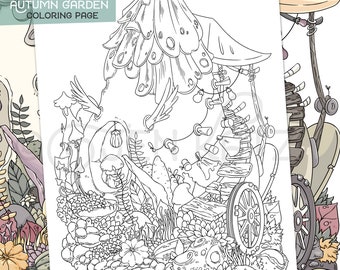 Wishing Well Adult Coloring Page Autumn Garden Illustration Cute Home  Hedgehog Mushrooms Digital Download Printable Pdf by Jen Katz 