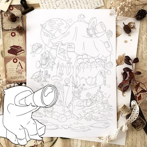 New! Magical Observatory - Cute home adult coloring page, kawaii space illustration Digital Download pdf Printable by Jen Katz / katzundtatz