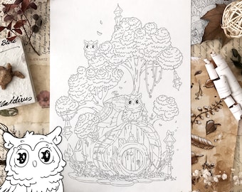 New! Owl Treehouse Coloring Page - Cute Home adult coloring illustration Doodle Digital Download pdf Printable by Jen Katz / katzundtatz