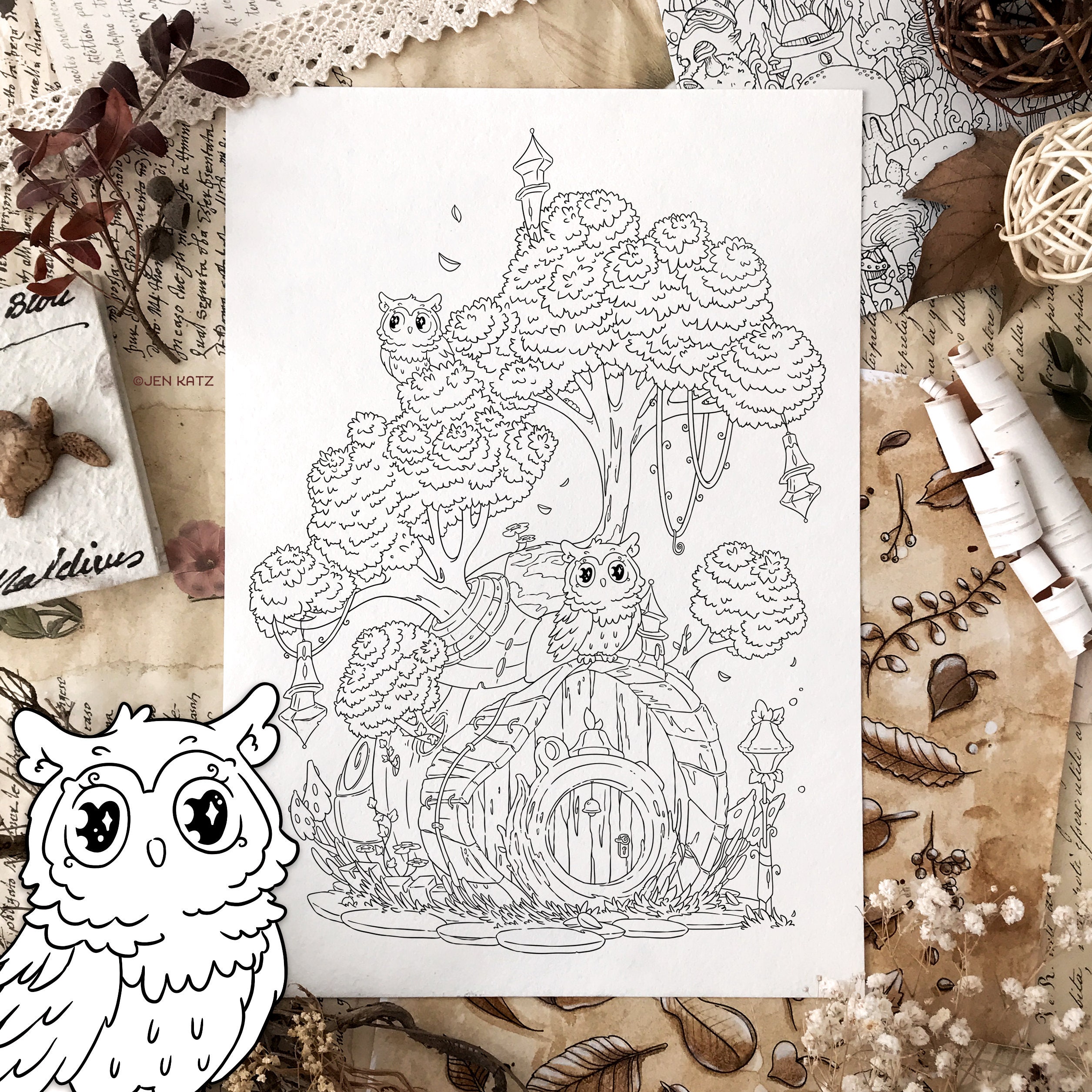 New! Owl Treehouse Coloring Page - Cute Home adult coloring illustration Doodle Digital Download pdf Printable by Jen Katz / katzundtatz