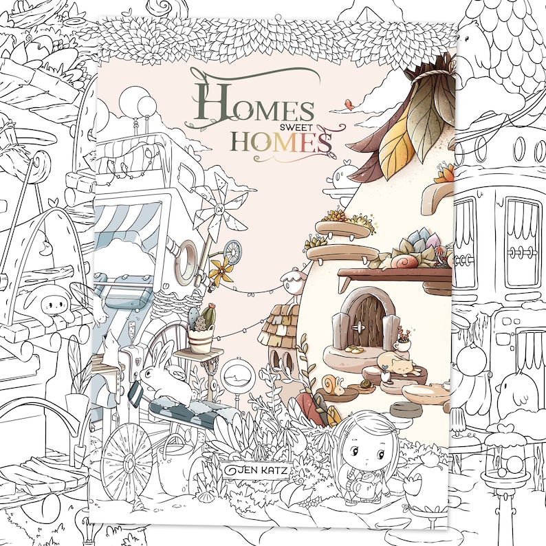 New Homes Sweet Homes Coloring book adult coloring book by Jen Katz cute kawaii Houses colouring pages for kids and adults by katzundtatz image 2