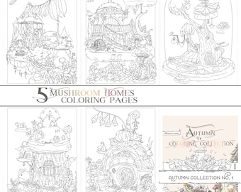 Autumn Coloring Pages Bundle Mushroom Homes Adult Coloring Page adult coloring book Digital Download pdf Printable Halloween by Jen Katz