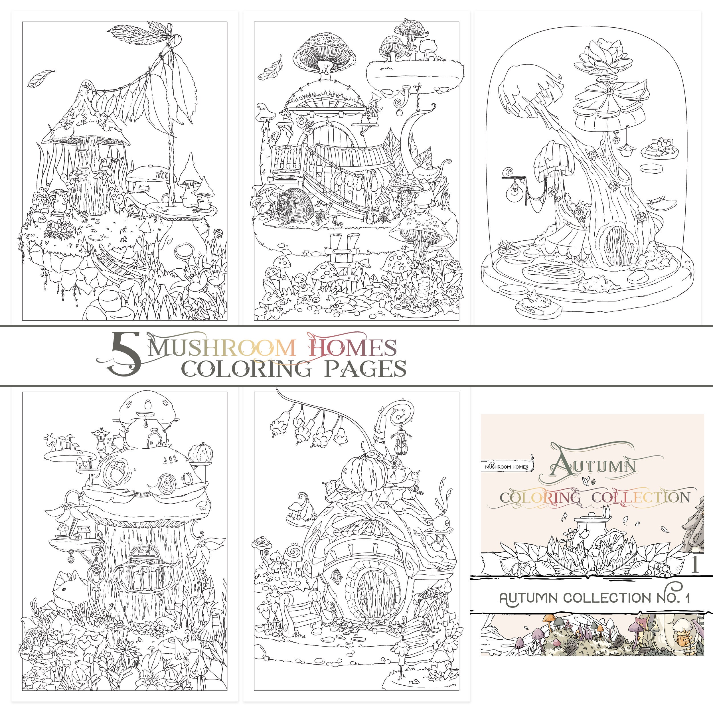 Autumn Coloring Pages Bundle Mushroom Homes Adult Coloring Etsy Singapore