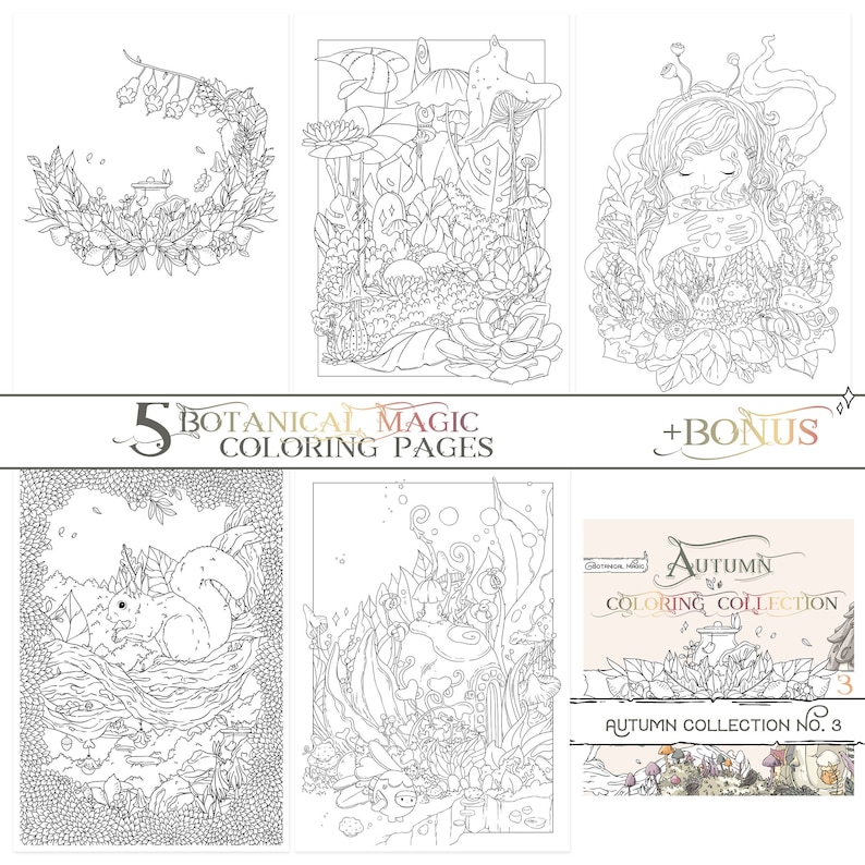 K&ouml;nnte beinhalten: F&uuml;nf Schwarzwei&szlig;-Malvorlagen mit fantasievollen Illustrationen von Pilzen, Blumen und Waldtieren. Der Titel "Botanical Magic Coloring Pages" ist oben im Bild zu sehen. Der Text "Autumn Coloring Collection No. 3" ist unten im Bild zu sehen.
