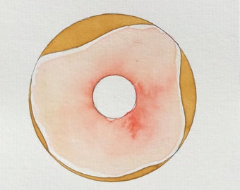 EMBOSSED Original Watercolor Large Glazed Donut Painting + Card  // 10x16cm