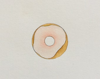 Original Watercolor Pink Frosted Donut Painting + Card // 10x16cm