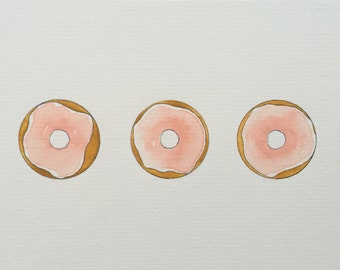 Original Watercolor Pink Frosted Donut Trio Painting + Card // 10x16cm