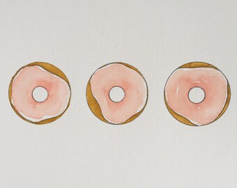 Original Watercolor Pink Frosted Donut Trio Painting + Card // 10x16cm