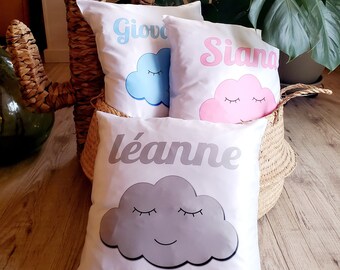 Coussin Nuage Personnalisé avec le prénom de votre choix - Bleu, Rose ou Gris