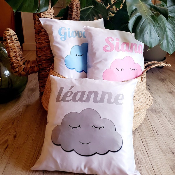 Coussin Nuage Personnalisé avec le prénom de votre choix - Bleu, Rose ou Gris