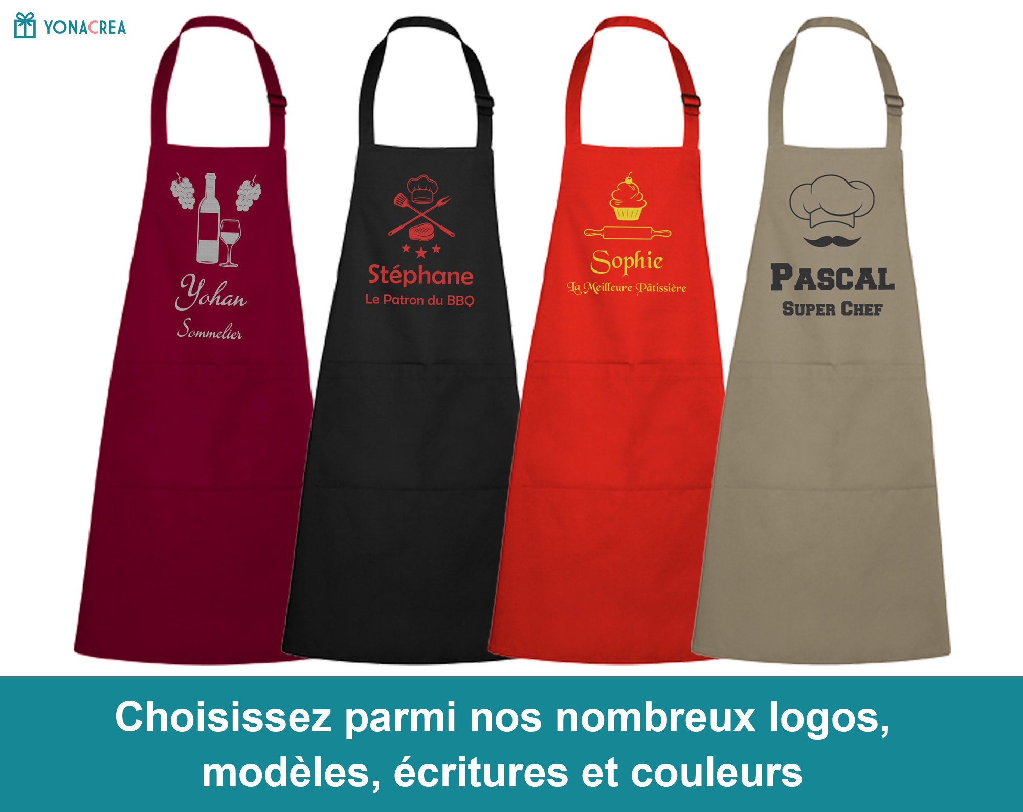 Kitchen Apron with Personalized Embroidered Pattern and Text - 4 Models and 20 Patterns to Choose From - Embroidery - Yonacrea