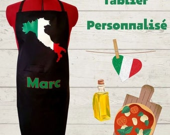 Tablier de cuisine Carte de L'Italie avec Prénom personnalisé 4 couleurs noir -bleu - blanc - rose - Yonacrea