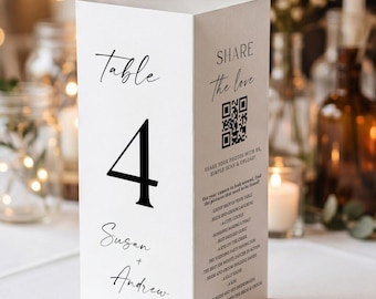 Modello minimalista a tre ante per numeri di tavolo, menù e biglietti di ringraziamento per matrimoni, modificabile con Canva (download digitale)