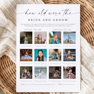 May include: A white paper game card titled How Old Were The Bride And Groom featuring twelve square photographs of children. The card includes numbered lines for guessing ages, a section for the name, and a total score line at the bottom.