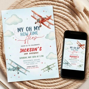 May include: A birthday invitation with a biplane theme. The invitation features the text "My Oh My How Time Flies" and details for a second birthday party. A smartphone displays the same design.