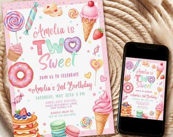 Two Sweet Birthday Invitation, Donut Second Birthday, Blush Pink (Digital Download) s
