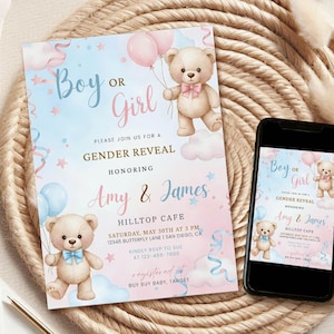 Teddy Bear Gender Reveal Invitation, Pink and Blue (Editable Template Canva) c