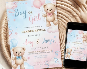 Teddy Bear Gender Reveal Invitation, Pink and Blue (Editable Template Canva) c