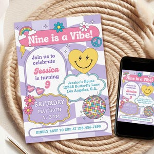 Groovy Nine is a Vibe Birthday Invitation, Retro Party (Editable Template Download) g