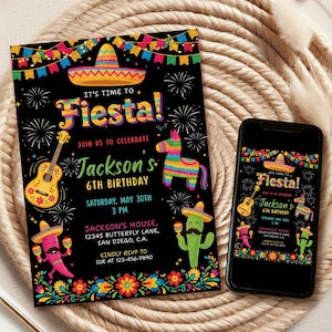 May include: A black Fiesta-themed birthday invitation with colorful graphics, including a sombrero, guitar, and cactus. The invitation text reads "It's Time to Fiesta!" and includes party details. A smartphone displays the same design.