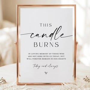 May include: A white rectangular sign in a rose gold metal frame featuring black text that reads: THIS candle BURNS IN LOVING MEMORY OF THOSE WHO ARE NOT HERE WITH US TODAY, BUT WILL FOREVER REMAIN IN OUR HEARTS Today and always with a small heart.