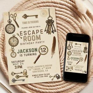 May include: An Escape Room birthday party invitation with vintage keys, clocks, and a magnifying glass. The invitation includes the text "TIME IS TICKING" and details for the party, including the date, time, and location.