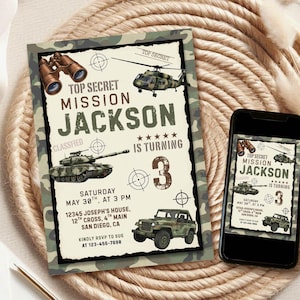 Militärarmee-Geburtstagseinladung, Soldat-Themaparty einladen, bearbeitbare Canva-Vorlage (digitaler Download) 1