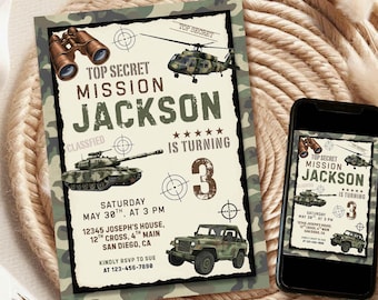 Military Army Birthday Invitation, Soldier Theme Party Invite, Editable Canva Template (Digital Download) 1