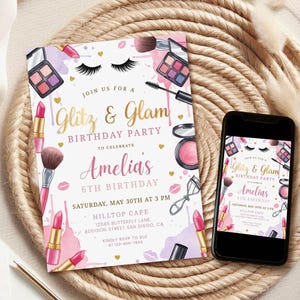 華やかで華やかな誕生日パーティー招待状、メイクアップ招待状、スパパーティーメイクアップ招待状、10代の女の子の誕生日、ピンクとゴールド、編集可能なgl7