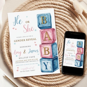 Invitación para revelar el sexo del bebé con bloques, invitación para niño o niña (Canva editable)