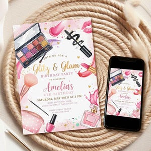 Makeup Spa Birthday Invitation, Glitz & Glam Party (Digital Download) g