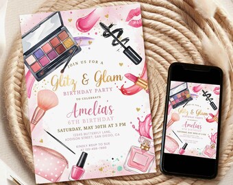 Makeup Spa Birthday Invitation, Glitz & Glam Party (Digital Download) g