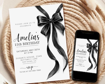 Black Bow Birthday Invitation Template – Minimalist Ribbon Coquette, 16th 18th Party, Editable Canva b