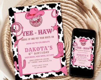 Pink Cowgirl Birthday Invitation, Disco Rodeo, Editable Template (Digital Download) c