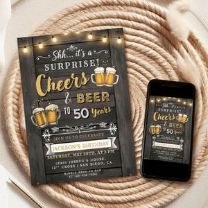 Cheers & Beers Surprise 50th Birthday Invitation – Editable Beer Party Invite (Digital Download) b